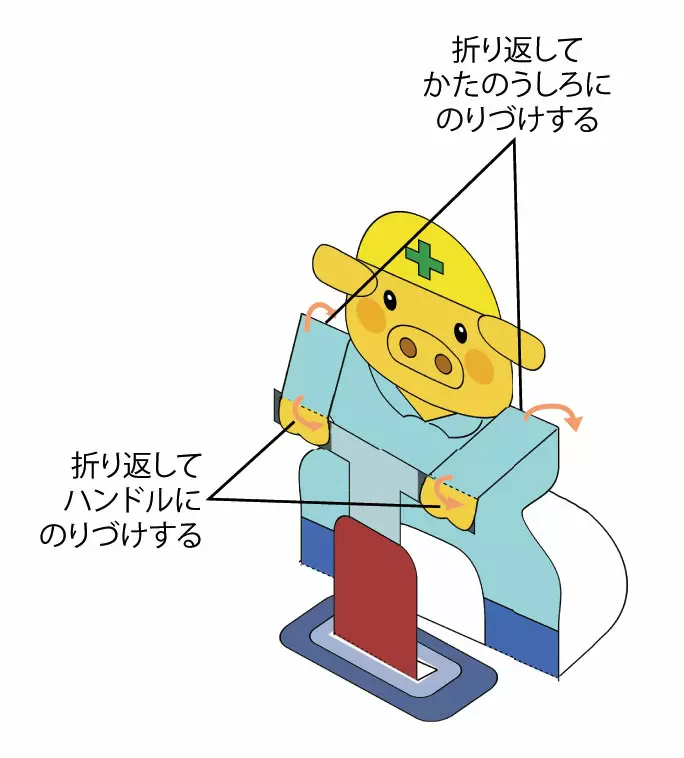 左右のうでをかたとマシーンにのりづけ