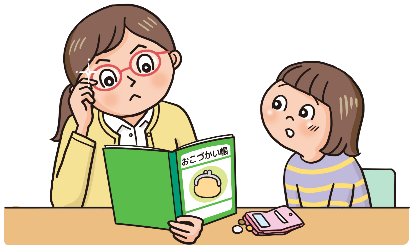 子どものおこづかい帳をチェックするママ