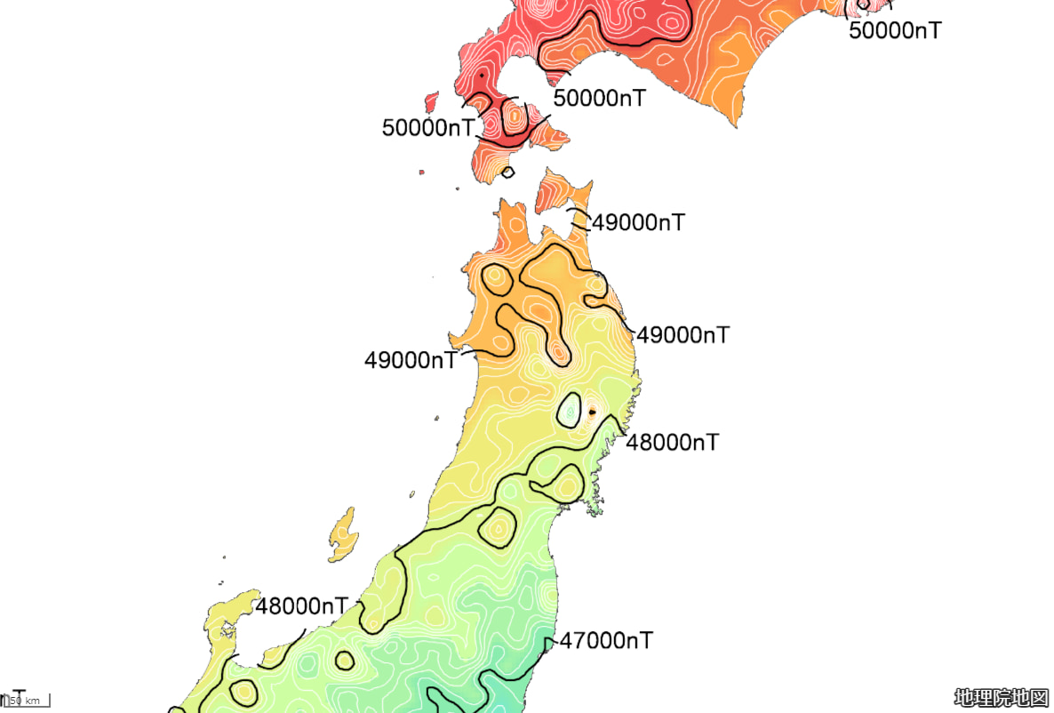 磁気図（全磁力）、出典：国土地理院ウエブサイト「地理院地図」（https://maps.gsi.go.jp/）