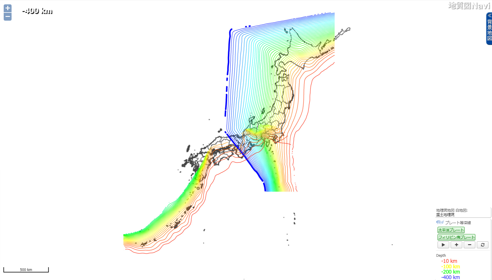 プレート等深線図、出典：地質調査総合センターウェブサイト「地質図Navi」（https://gbank.gsj.jp/geonavi/）