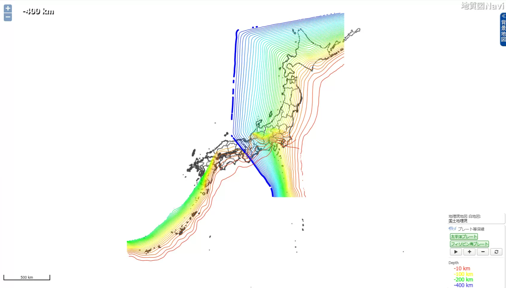 プレート等深線図、出典:地質調査総合センターウェブサイト「地質図Navi」(https://gbank.gsj.jp/geonavi/)