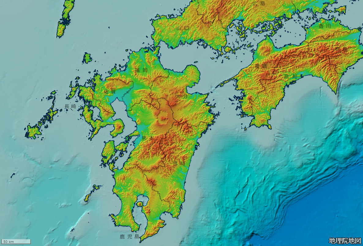 色別標高図、出典：国土地理院ウェブサイト「地理院地図」、海域部は海上保安庁海洋情報部の資料を使用して作成（https://maps.gsi.go.jp/）