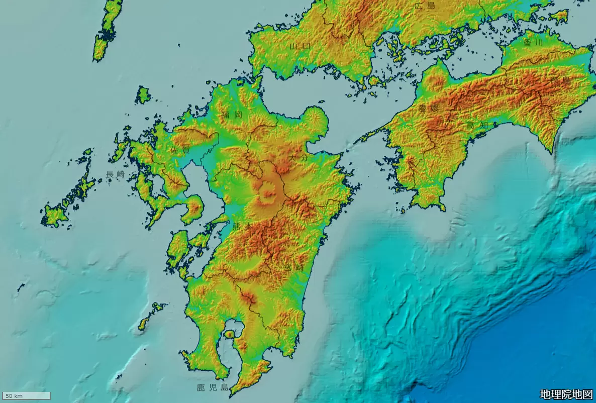 色別標高図、出典:国土地理院ウェブサイト「地理院地図」、海域部は海上保安庁海洋情報部の資料を使用して作成(https://maps.gsi.go.jp/)