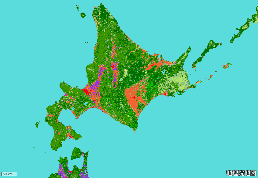 土地被覆図（GLCNMO）、国土地理院・千葉大学・協働機関、出典：国土地理院ウェブサイト「地理院地図」（https://maps.gsi.go.jp/）