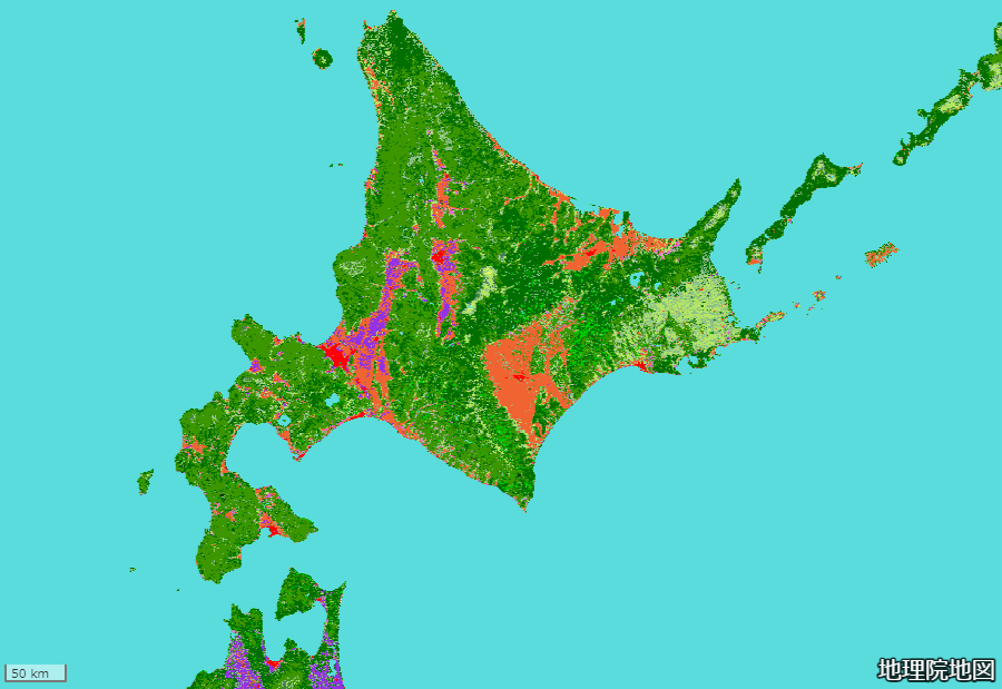 土地被覆図(GLCNMO)、国土地理院・千葉大学・協働機関、出典:国土地理院ウェブサイト「地理院地図」(https://maps.gsi.go.jp/)