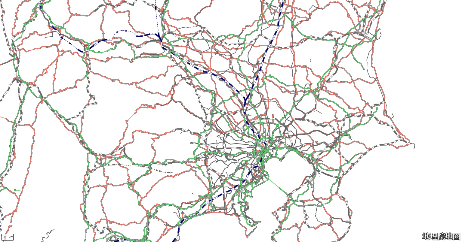 地理院地図Vectorで道路・鉄道を表示、出典：国土地理院ウェブサイト「地理院地図Vector」（https://maps.gsi.go.jp/vector/）