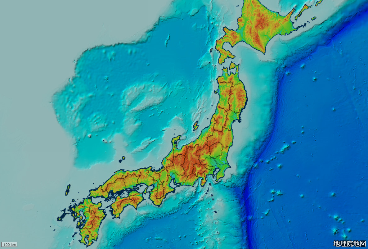 色別標高図、出典：国土地理院ウェブサイト「地理院地図」、海域部は海上保安庁海洋情報部の資料を使用して作成（https://maps.gsi.go.jp/）