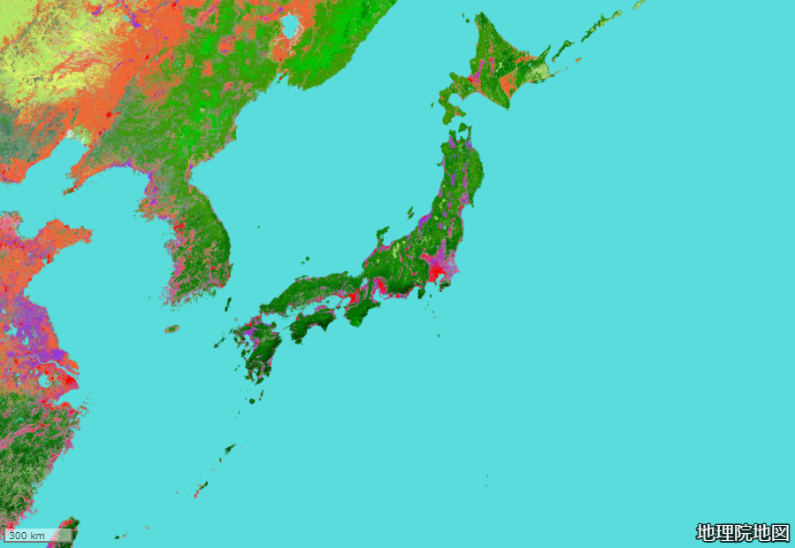 土地被覆図（GLCNMO）、国土地理院・千葉大学・協働機関、出典：国土地理院ウェブサイト「地理院地図」（https://maps.gsi.go.jp/）