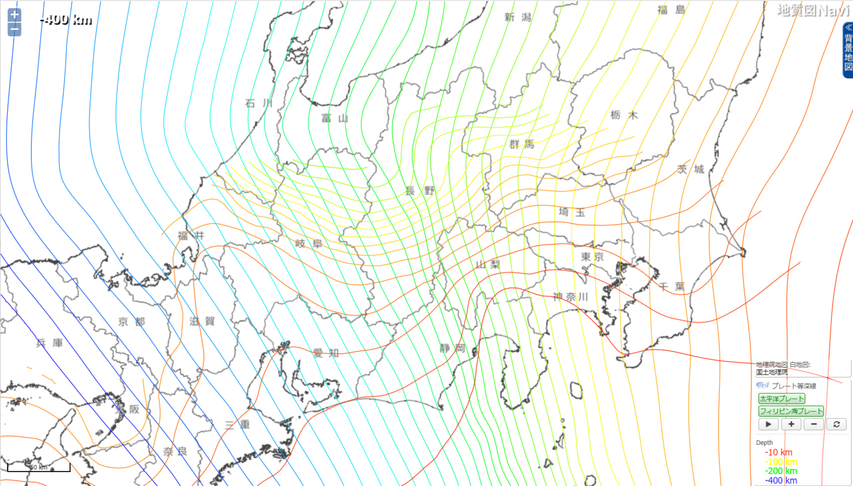 プレート等深線図、出典：地質調査総合センターウェブサイト「地質図Navi」（https://gbank.gsj.jp/geonavi/）