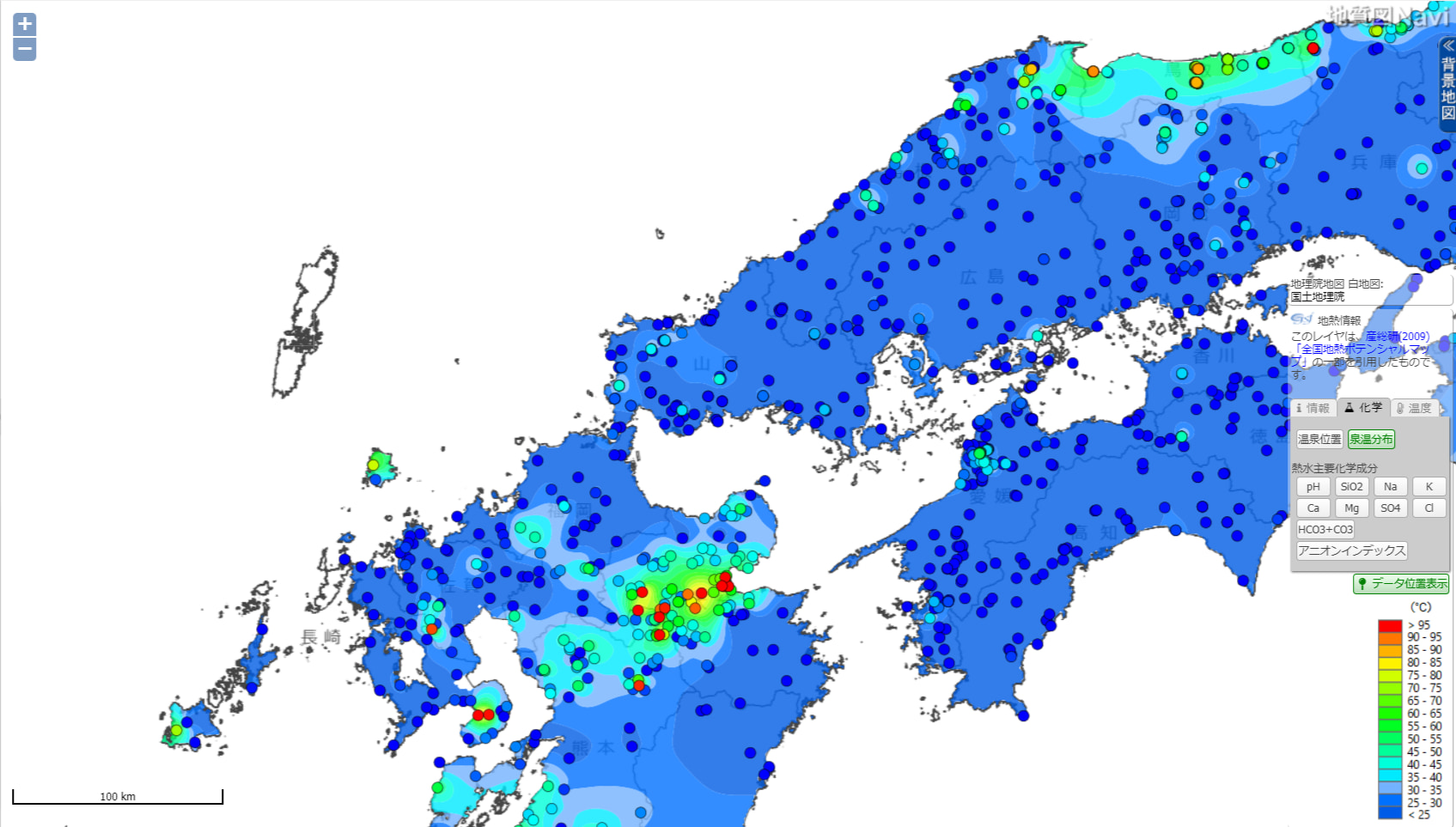 温泉位置と泉温分布図、出典：地質調査総合センターウェブサイト「地質図Navi」（https://gbank.gsj.jp/geonavi/geonavi.php）