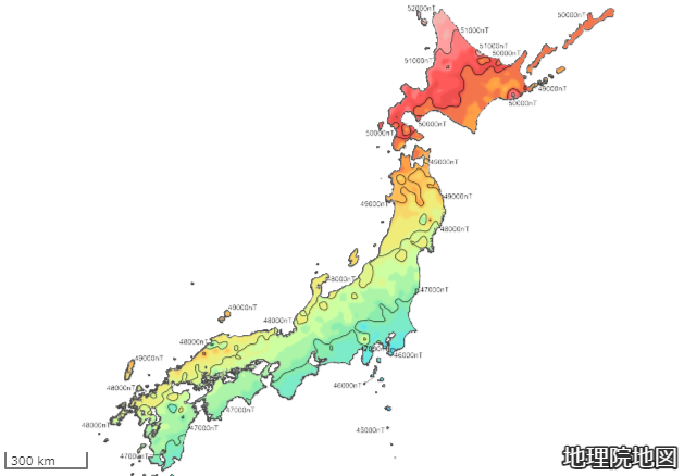 磁気図（全磁力）、出典：国土地理院ウエブサイト「地理院地図」（https://maps.gsi.go.jp/）