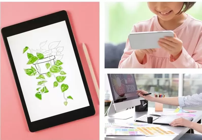 タブレット、スマホ、パソコンで絵を描いている様子