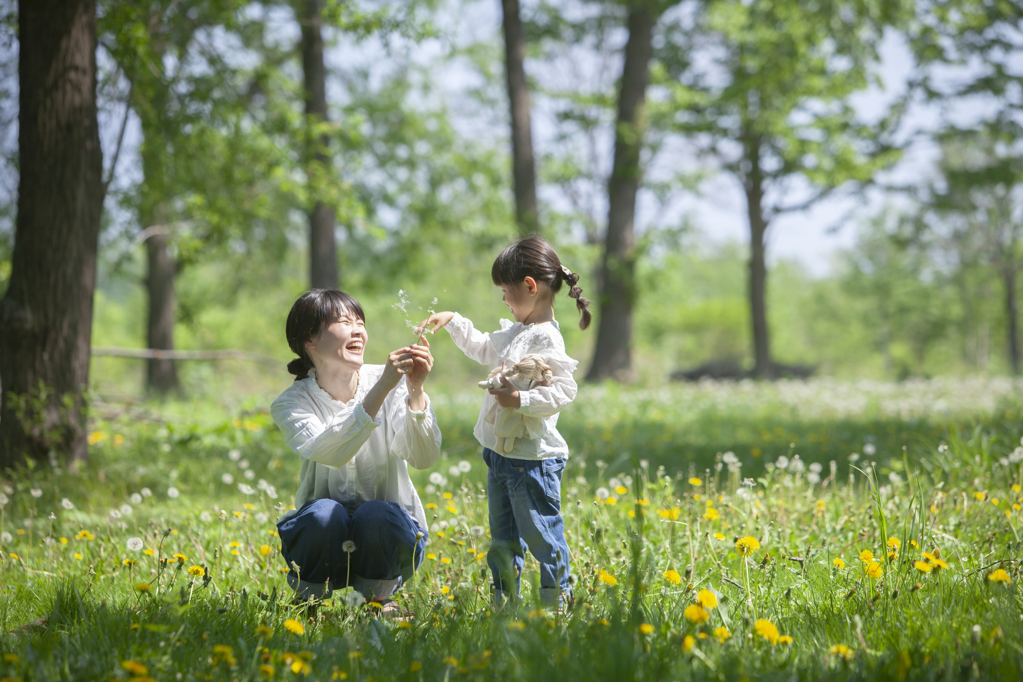 春の野原で遊ぶ親子