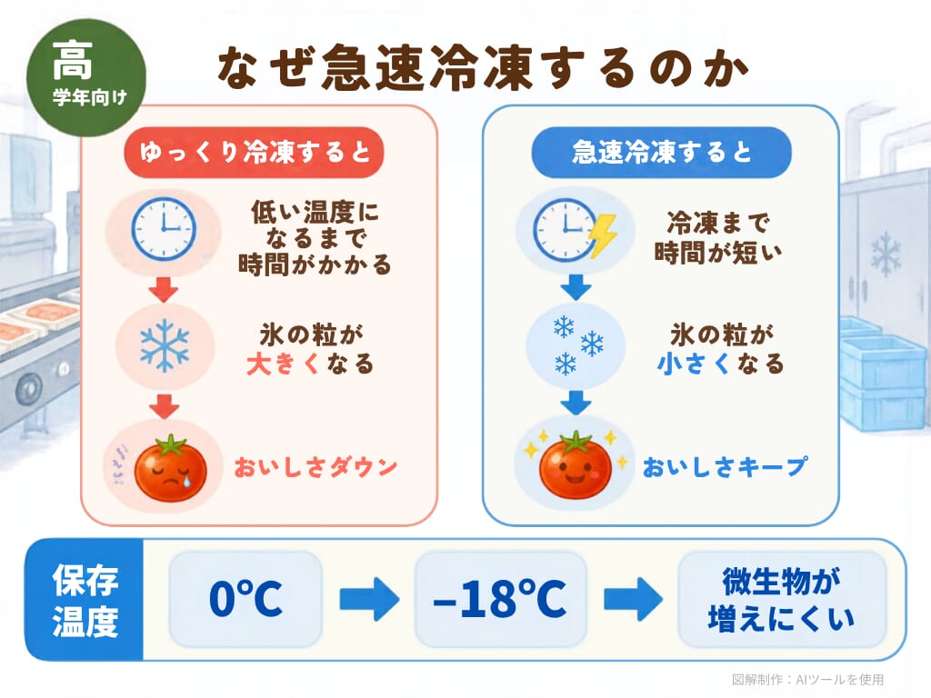 高学年向け急速冷凍に関する知識の図解